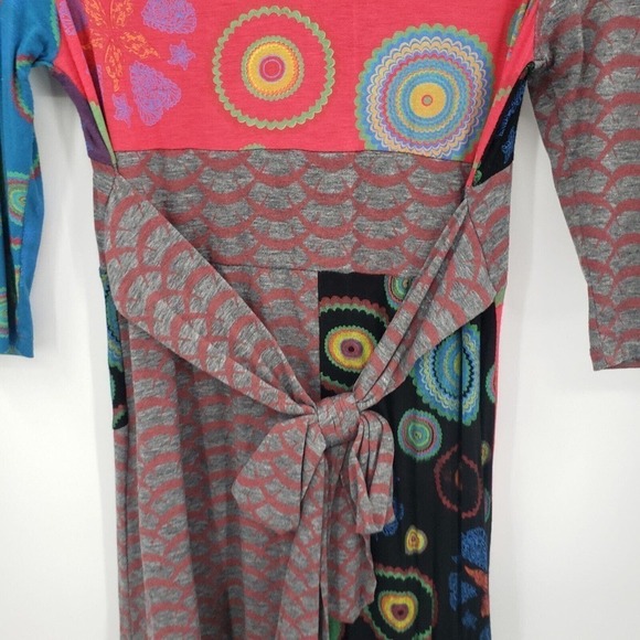 Pure Vida Small Knit Tie Back Dress Boho Peasant Patchwork Geometric V Neck - Picture 10 of 15